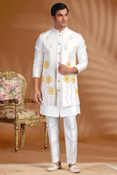 Pearl White Silk Floral Printed and Mirror Worked Jacket Kurta Set
